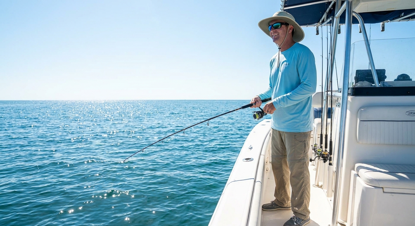 Angler wearing sun-protective clothing, hat, and sunglasses on a Tampa fishing charter
