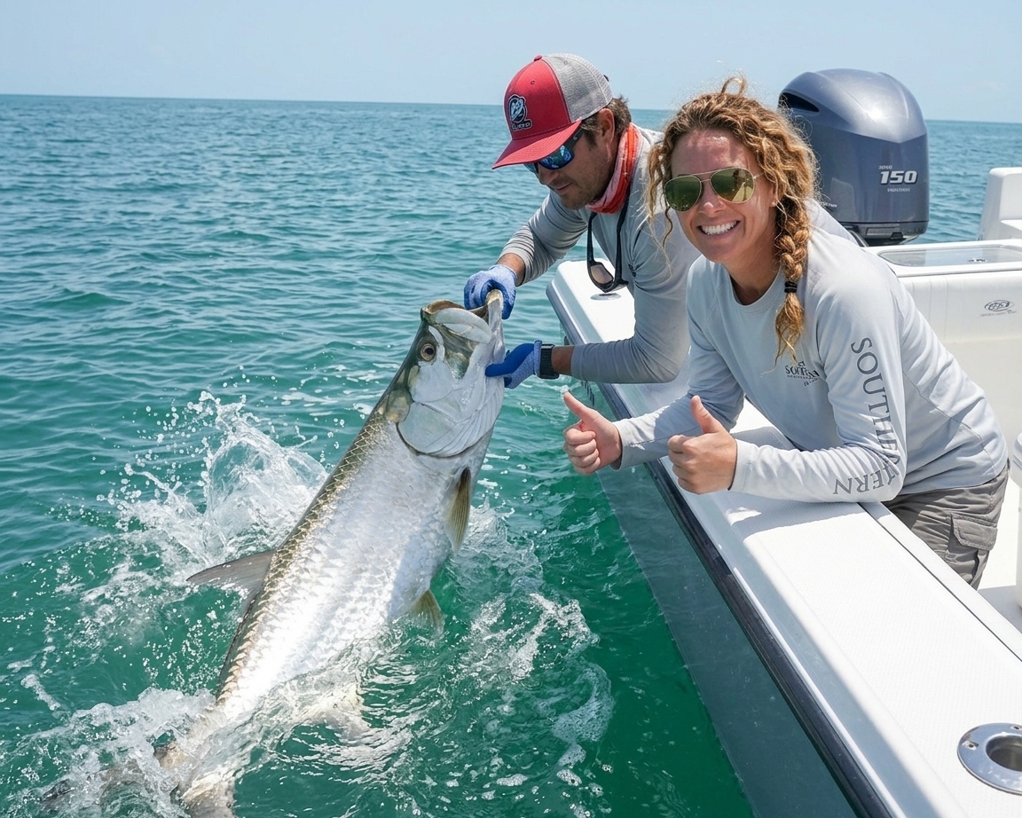 Tarpon fishing charters in Tampa during peak season with anglers and boats targeting Silver King